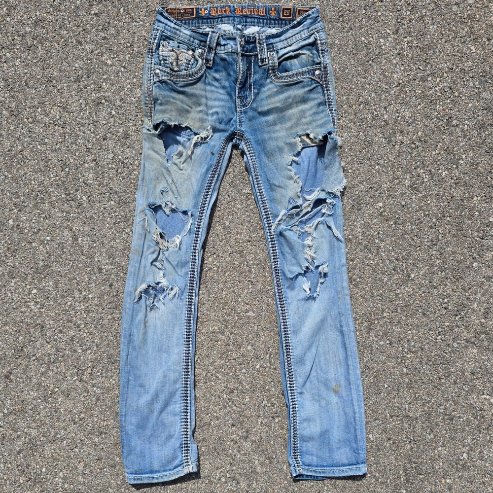 Y2K Rock Revival Phineas Distressed Custom Thrashed Slim Acid Wash Jeans sz 29